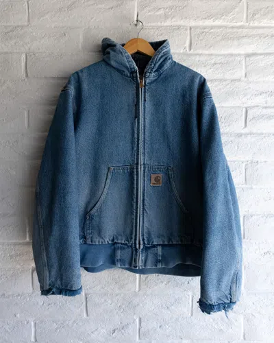 Pre-owned Carhartt Thrashed Vintage  Denim Jacket Hooded Workwear Xl In Blue