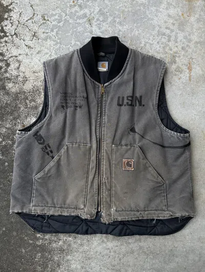 Pre-owned Carhartt Trashed Usn Vn War Sailor Anchor Nuke  Sunfade Vest In Gray