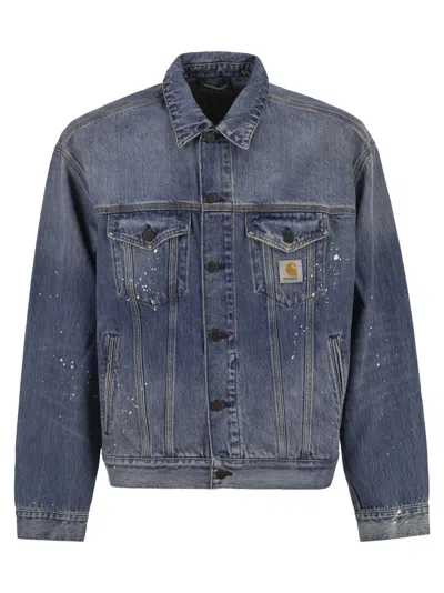 Carhartt Washed Denim Jacket With Paint Splatter Details In Blue