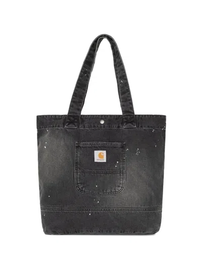 Carhartt Wip Destroyed Tote Handbag In Cotton Denim With Front Pocket In Black
