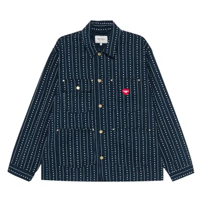 Pre-owned Carhartt Wip Drewe Chore Coat 'ink/natural Heart C Pinstripe' | Blue | Men's Size Xl