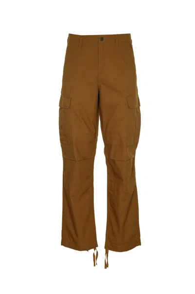 Carhartt Wip Logo Patch Straight Leg Pants In Brown