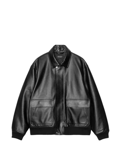 Carhartt Grainy Texture Ribbed Hem Leather Blouson Jacket In Black