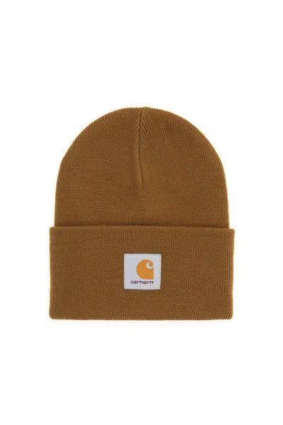 Carhartt Beanie Hat With Logo Patch In Brown