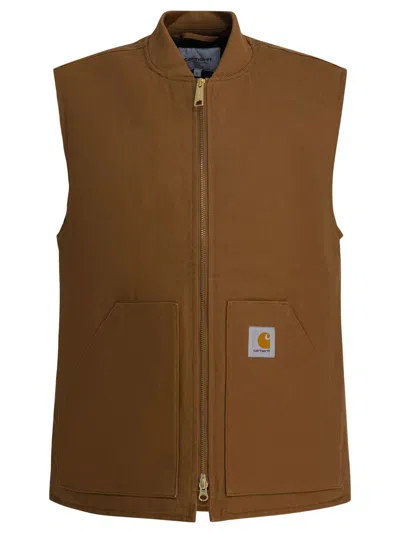 Carhartt Sleeveless Jacket With Ribbed Collar And Pockets In Brown