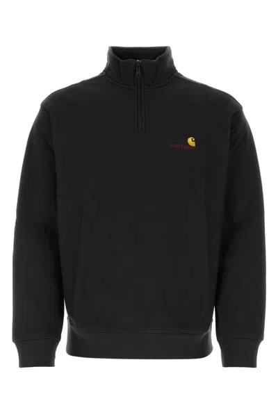 Carhartt Wip Unisex Cotton-blend Half-zip Sweatshirt With American Script In Black