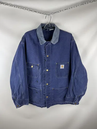 Pre-owned Carhartt Wip Vintage Used Denim Work Jacket Corduroy Collar In Blue