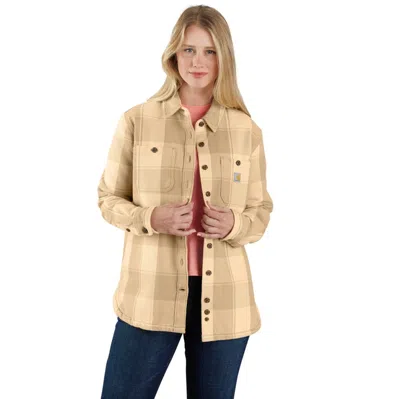 Carhartt Women's  Shirt Jacket Beige Plaid Twill Loose Fit Button Front Jax362 In Brown