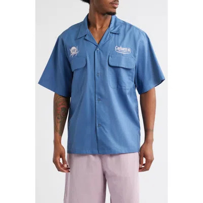 Carhartt Work In Progress Deli Embroidered Short Sleeve Cotton Button-up Shirt In Blue
