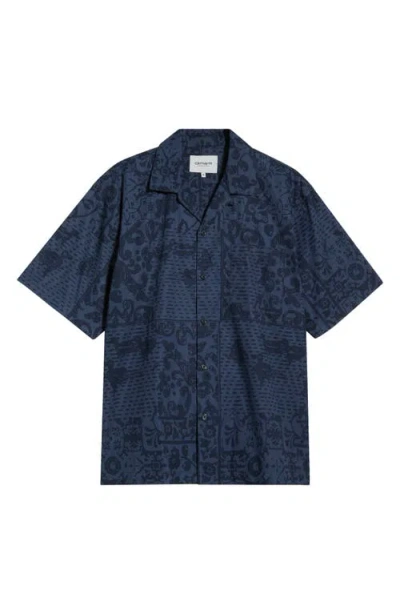 Carhartt Work In Progress Vestige Print Cotton Poplin Bowling Shirt In Blue
