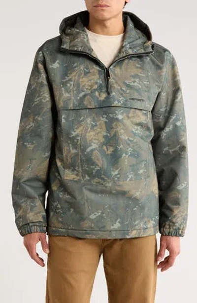Carhartt Work In Progress Water Repellent Hooded Fleece Lined Windbreaker Pullover In Camo Combi Green / Black