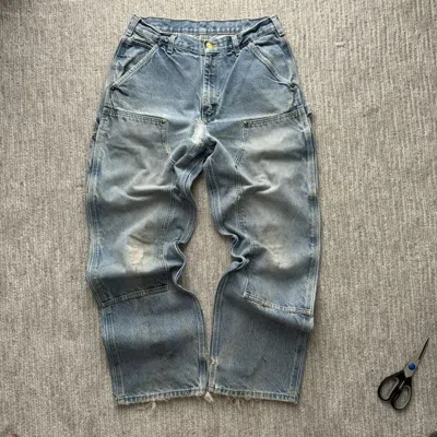 Pre-owned Carhartt X Made In Usa Crazy Vintage Faded Denim Carhartt Double Knee Pants In Blue
