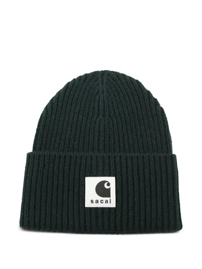 Carhartt X Sacai Ribbed Logo-patch Beanie In Green