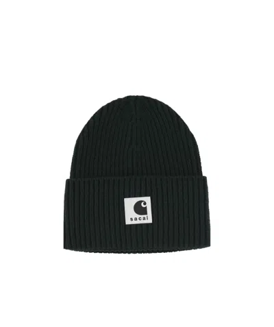 Carhartt X Sacai Ribbed Logo-patch Beanie In Black