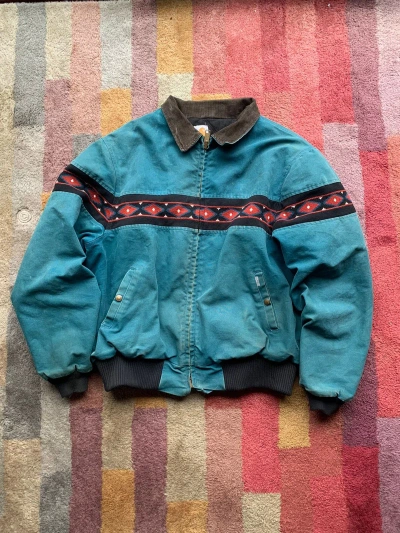 Pre-owned Carhartt X Vintage Carhartt Aztec Zip Up Workwear Jacket Fall Winter In Teal