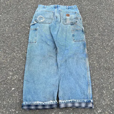 Pre-owned Carhartt X Vintage Carhartt Flannel Lined Denim Blue Jeans Work Pants