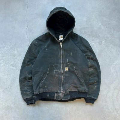 Pre-owned Carhartt X Vintage Crazy Vintage 90's Carhartt Thrashed Faded Hooded Work Jacket In Black