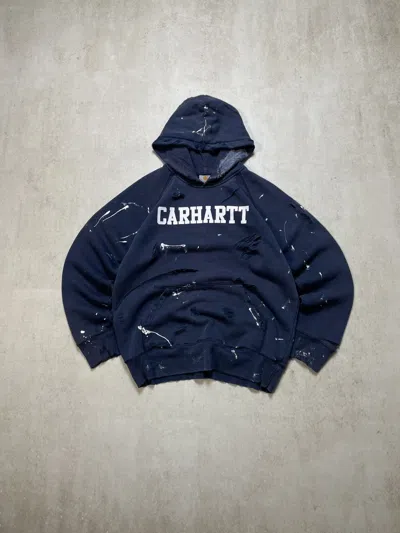 Pre-owned Carhartt X Vintage Y2k Distressed Vintage Carhartt Big Logo Faded Hoodie In Navy