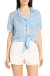Caribbean Joe Crinkle Tie Front Top In Blue