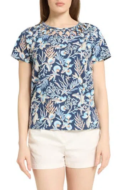 Caribbean Joe Lattice Neckline Top In Blue