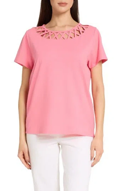 Caribbean Joe Lattice Neckline Top In Pink