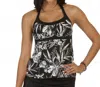 Caribbean Joe Peaceful Plumeria Framed Peasant Tankini Top In Joe Black And White In Black