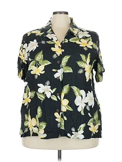 Pre-owned Caribbean Joe Short Sleeve Silk Top Black Tropical Pattern Cold Shoulder Neckline Tops