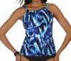 Caribbean Joe Tidal Wave Shirred High Neck Tankini Top In Joe Tidal In Blue