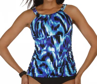 Caribbean Joe Tidal Wave Shirred High Neck Tankini Top In Joe Tidal In Blue