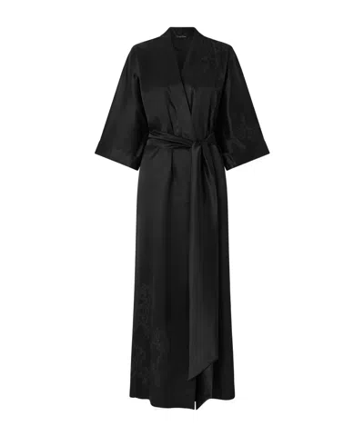 Carine Gilson Belted Floral-embroidered Silk-satin Kimono In Black