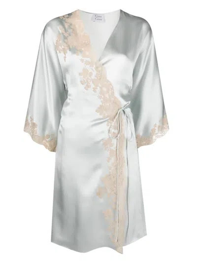 Carine Gilson Calais-caudry Lace Silk Kimono In Blue