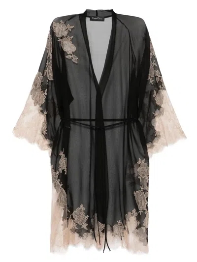 Carine Gilson Calais Caudry-lace Silk Robe In Black