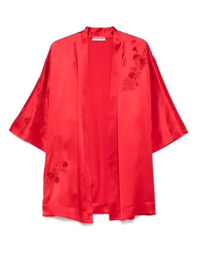 Carine Gilson Calais Caudry-lace Silk Robe In Red