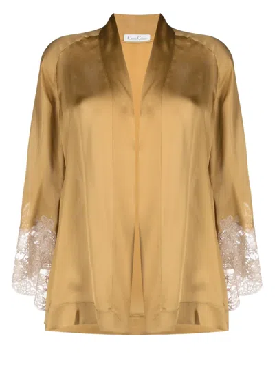 Carine Gilson Calais-caudry Lace Silk Short Kimono In Brown