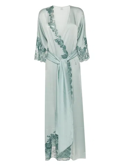 Carine Gilson Calais-caudry Lace-trim Silk Robe In Blue