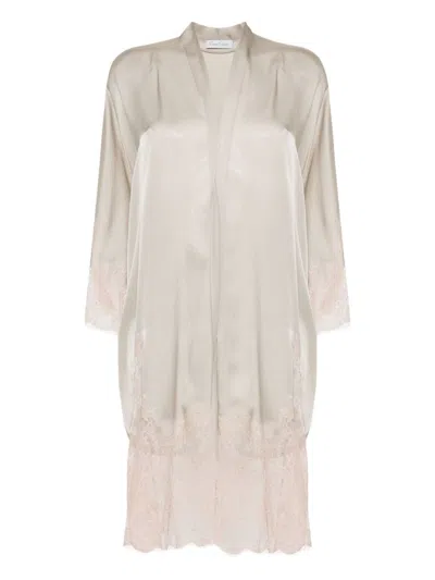 Carine Gilson Calais-caudry Lace-trim Silk Robe In Grey