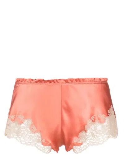 Carine Gilson Calais-caudry Lace-trim Silk Shorts In Pink