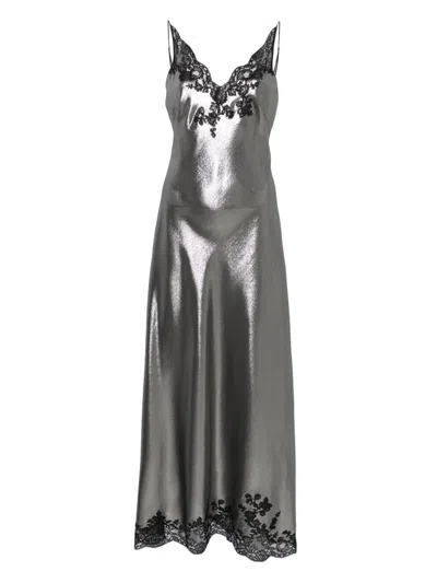 Carine Gilson Lace-trim Lurex Slip Dress In Silver