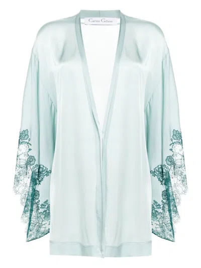 Carine Gilson Lace-trim Silk Dressing Gown In Blue