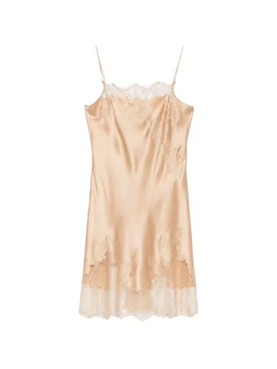 Carine Gilson Lace-detail Silk Slip In Brown