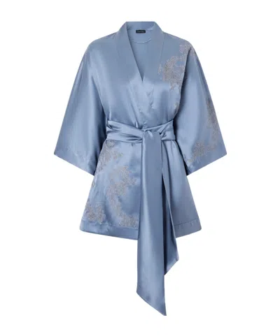 Carine Gilson Lace-embroidered Silk-satin Robe In Blue