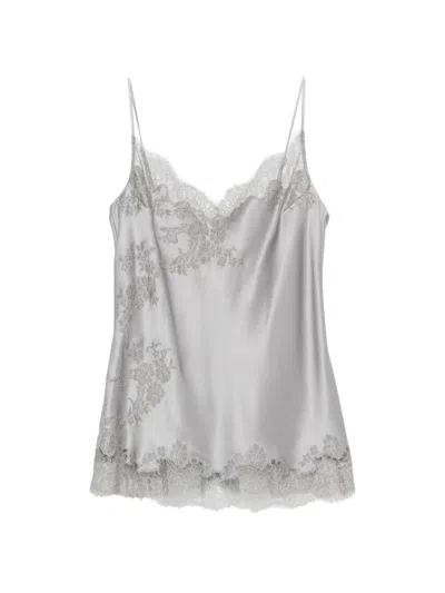 Carine Gilson Lace-trim Silk Blouse In Gray
