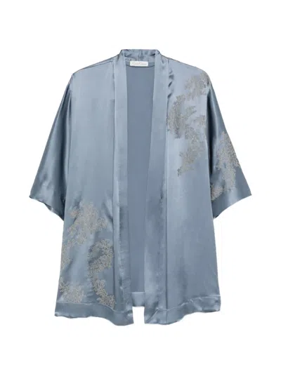 Carine Gilson Lace-trim Silk Kimono In Blue