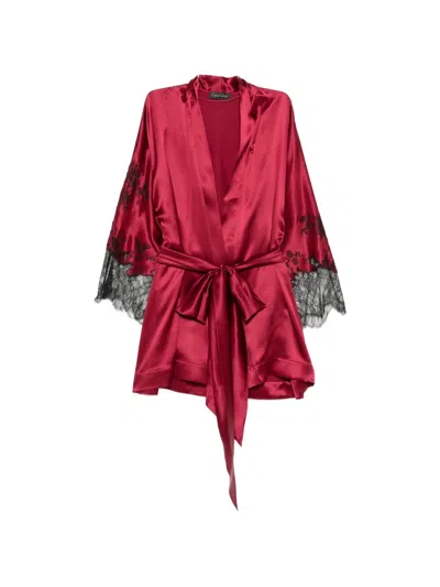 Carine Gilson Lace-trim Silk Kimono In Red