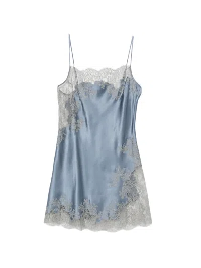 Carine Gilson Lace-trim Silk Nightdress In Blue