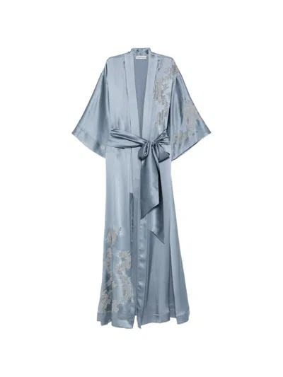 Carine Gilson Lace-trim Silk Robe In Blue