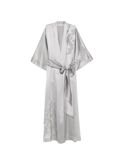 Carine Gilson Lace-trim Silk Robe In Gray