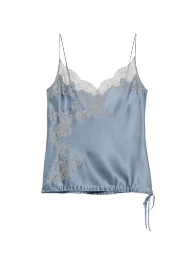 Carine Gilson Lace-trimmed Satin Slip Blouse In Blue