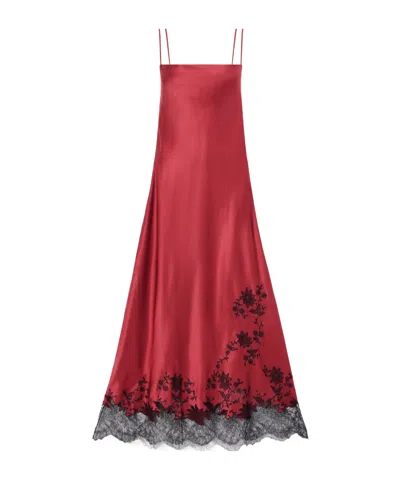 Carine Gilson Lace-trimmed Silk-satin Maxi Dress In Red