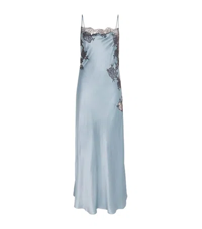 Carine Gilson Silk Lace-detail Long Slip Dress In Blue
